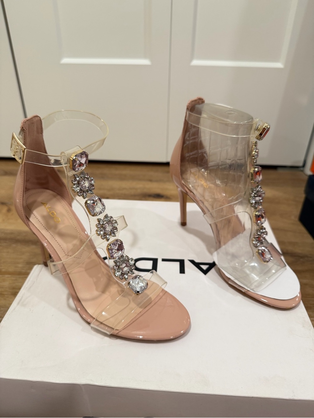 Aldo Blush Nude Clear-Strap Jeweled Stiletto Sandals